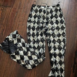 sequin bell bottom checker pants